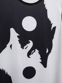 Manfinity EMRG 男士雙色狼印花背心，無袖圖形休閒外出男襯衫 - 黑與白 - 查看 6