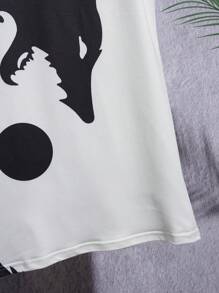 Manfinity EMRG 男士雙色狼印花背心，無袖圖形休閒外出男襯衫 - 黑與白 - 查看 7