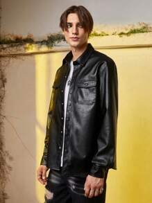 Manfinity EMRG 男士翻蓋口袋PU皮革夾克 - 黑色 - 查看 2