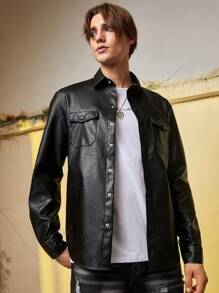 Manfinity EMRG 男士翻蓋口袋PU皮革夾克 - 黑色 - 查看 3