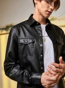 Manfinity EMRG 男士翻蓋口袋PU皮革夾克 - 黑色 - 查看 4