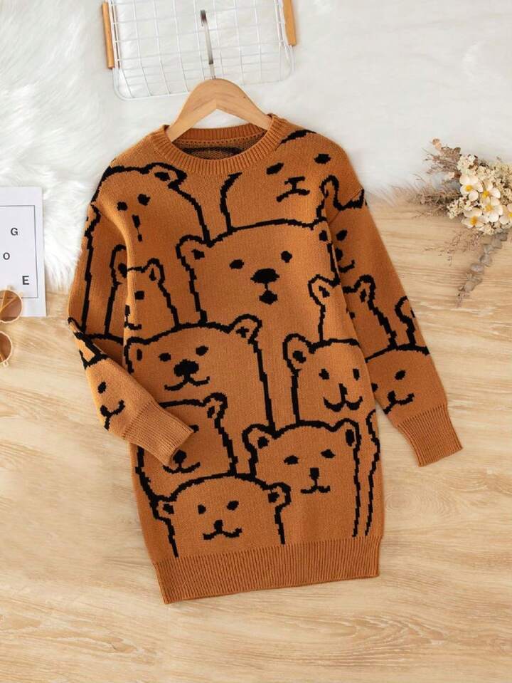 Tween Girl Bear Pattern Drop Shoulder Sweater Dress | SHEIN