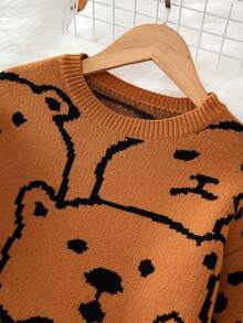 女大童熊圖案落肩袖毛衣洋裝 - 棕色 - 查看 3