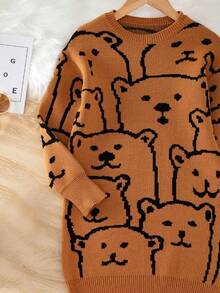 女大童熊圖案落肩袖毛衣洋裝 - 棕色 - 查看 5