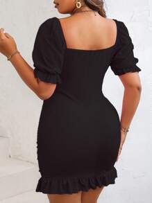 SHEIN Clasi 大碼雞心領口泡泡袖褶邊緊身洋裝 - 黑色 - 查看 2