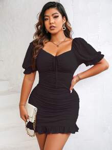 SHEIN Clasi 大碼雞心領口泡泡袖褶邊緊身洋裝 - 黑色 - 查看 4