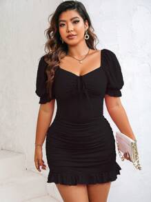 SHEIN Clasi 大碼雞心領口泡泡袖褶邊緊身洋裝 - 黑色 - 查看 5