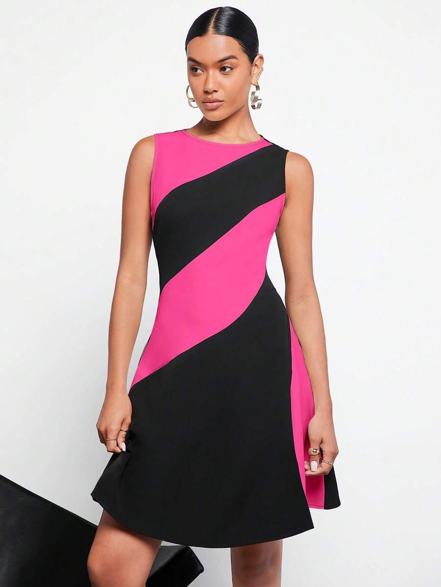 BizChic 雙色A字連衣裙 - 玫紅色 - 查看 1