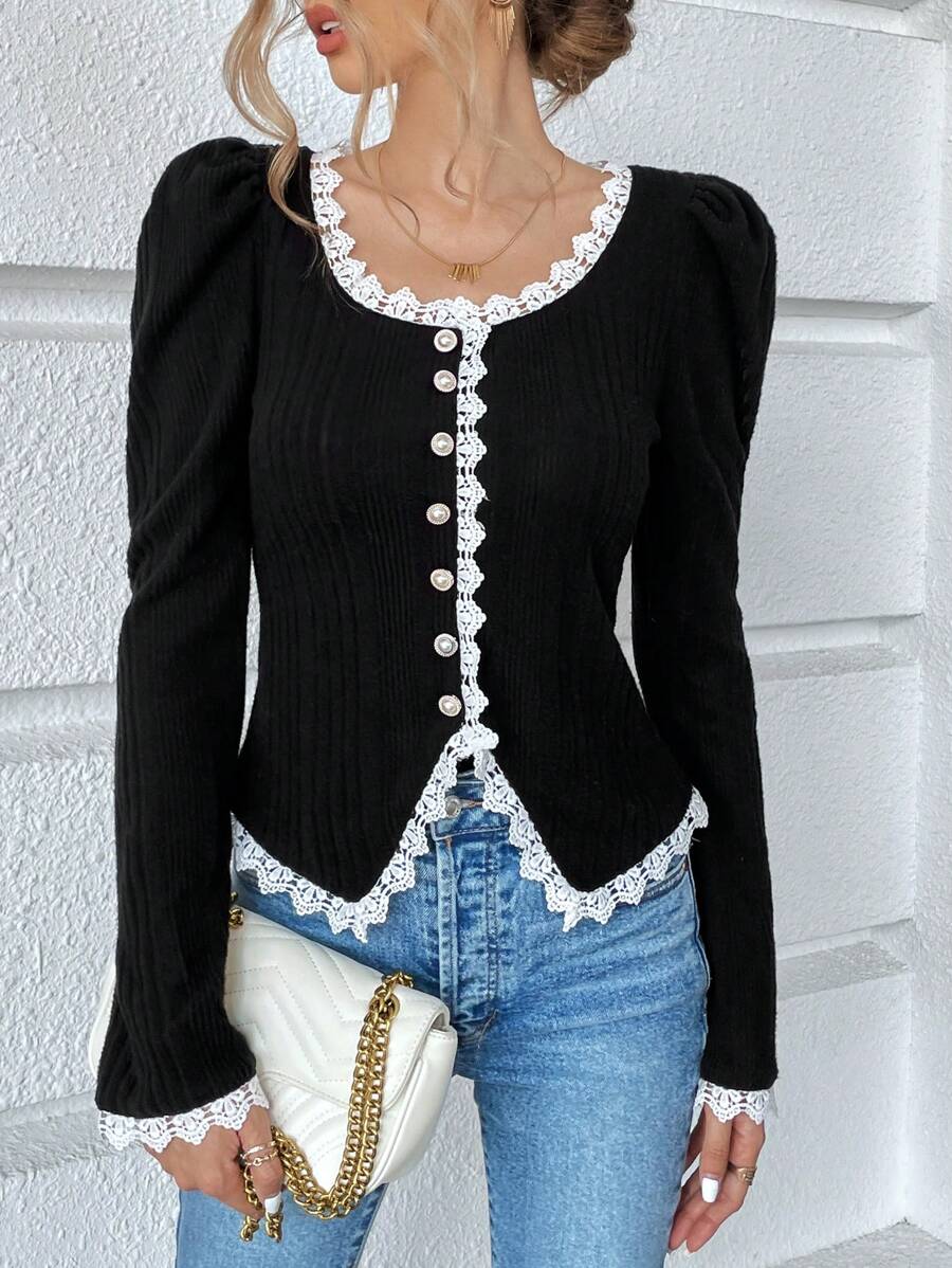 SHEIN Privé 秋冬款蕾丝花边泡泡袖纽扣前开襟夹克 - 黑色 - 查看 1