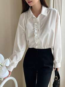 DAZY 素色荷葉邊前紐扣襯衫 - 白色 - 查看 10