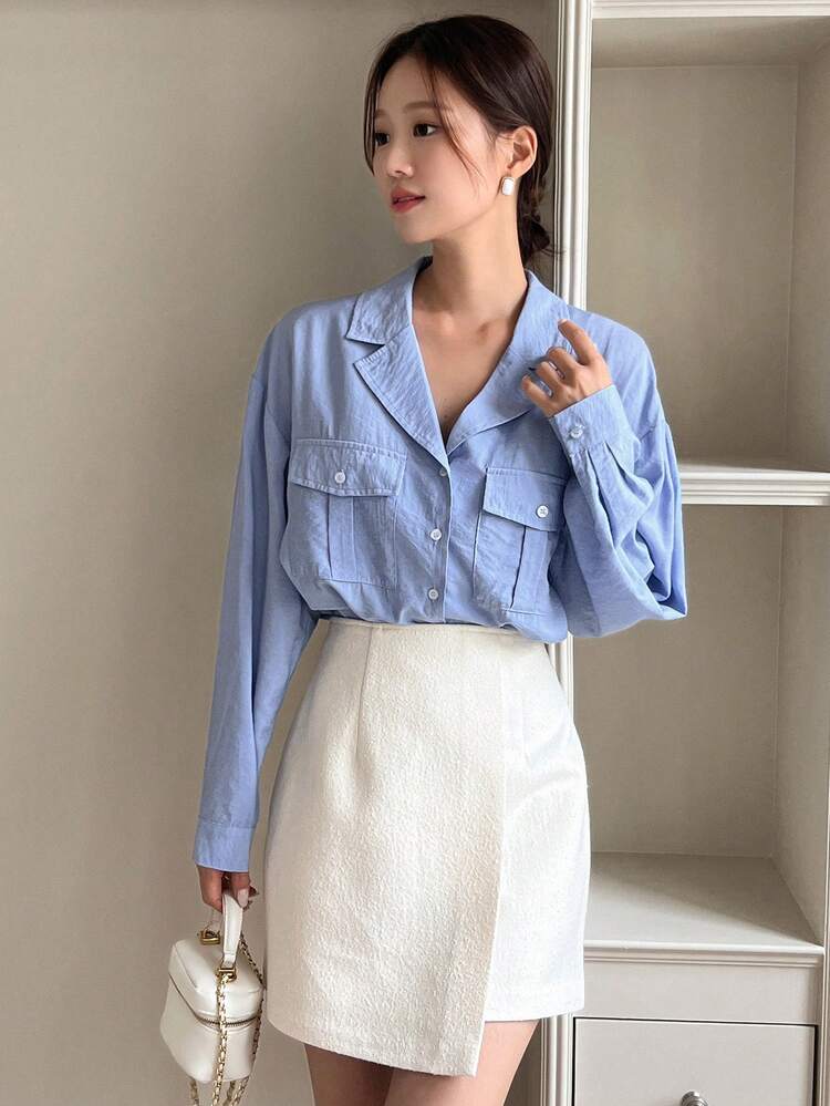 Flap Pocket Drop Shoulder Shirt Long Sleeve Top
