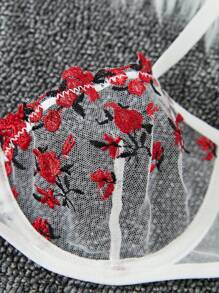 花卉刺繡網布鋼托胸罩與內褲內衣套裝 - 白色 - 查看 5