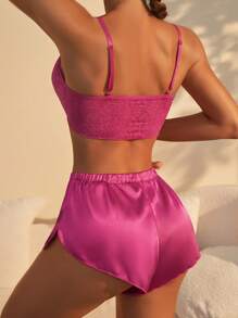 Contrast Lace Sexy Bra & Panty Lingerie Set - Hot Pink - View 2