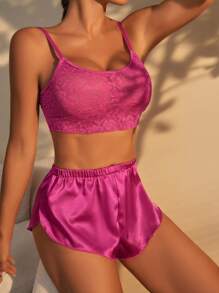 Contrast Lace Sexy Bra & Panty Lingerie Set - Hot Pink - View 5