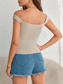 SHEIN Privé Off Shoulder Ribbed Knit Top - Beige - View 2