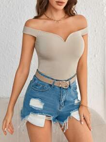 SHEIN Privé Off Shoulder Ribbed Knit Top - Beige - View 4