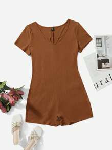 SHEIN Essnce Plus Notched Neck Ribbed Knit Romper - Brown - View 1