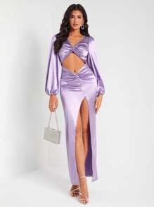 FURNANDA Designer Twist Front Cut Out Split Thigh Satin Elegant Dress, For Festival, Holiday, Party, Birthday Outfits, Wedding Prom Dress