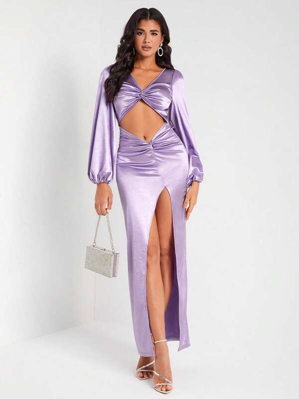FURNANDA Designer Twist Front Cut Out Split Thigh Satin Elegant Dress, For Festival, Holiday, Party, Birthday Outfits, Wedding Prom Dress