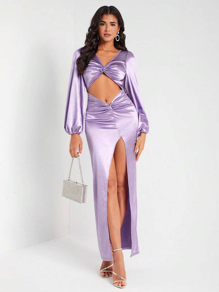 FURNANDA Designer Twist Front Cut Out Split Thigh Satin Elegant Dress, For Festival, Holiday, Party, Birthday Outfits, Wedding Prom Dress