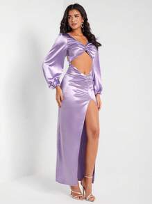 FURNANDA Designer Twist Front Cut Out Split Thigh Satin Elegant Dress, For Festival, Holiday, Party, Birthday Outfits, Wedding Prom Dress