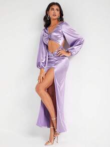 FURNANDA Designer Twist Front Cut Out Split Thigh Satin Elegant Dress, For Festival, Holiday, Party, Birthday Outfits, Wedding Prom Dress