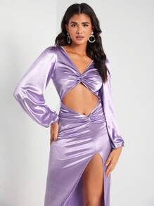 FURNANDA Designer Twist Front Cut Out Split Thigh Satin Elegant Dress, For Festival, Holiday, Party, Birthday Outfits, Wedding Prom Dress