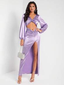 FURNANDA Designer Twist Front Cut Out Split Thigh Satin Elegant Dress, For Festival, Holiday, Party, Birthday Outfits, Wedding Prom Dress