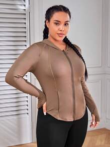 Easithlete 大碼拉鏈開襟連帽運動夾克 - 咖啡棕 - 查看 3