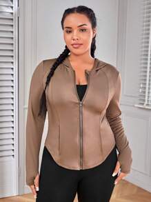 Easithlete 大碼拉鏈開襟連帽運動夾克 - 咖啡棕 - 查看 4