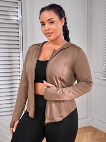 Easithlete 大碼拉鏈開襟連帽運動夾克 - 咖啡棕 - 查看 5