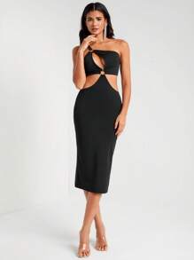 FURNANDA Designer One Shoulder Cut Out Waist Bodycon Elegant Dress, For Holiday - Black - View 1