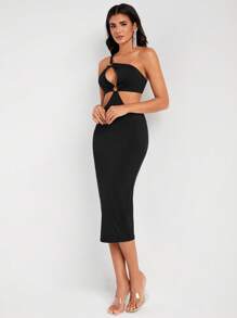 FURNANDA Designer One Shoulder Cut Out Waist Bodycon Elegant Dress, For Holiday - Black - View 4