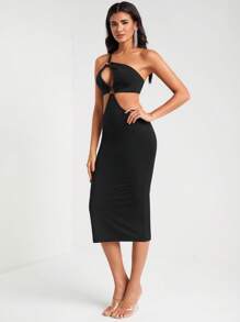 FURNANDA Designer One Shoulder Cut Out Waist Bodycon Elegant Dress, For Holiday - Black - View 5