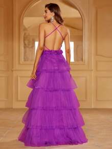 網紗覆蓋層疊下擺吊帶正式連衣裙 - 紫羅蘭色 - 查看 2