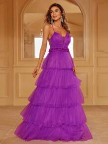 網紗覆蓋層疊下擺吊帶正式連衣裙 - 紫羅蘭色 - 查看 3