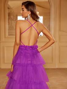 網紗覆蓋層疊下擺吊帶正式連衣裙 - 紫羅蘭色 - 查看 4