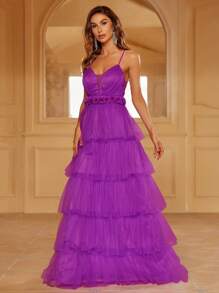 網紗覆蓋層疊下擺吊帶正式連衣裙 - 紫羅蘭色 - 查看 5