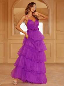 網紗覆蓋層疊下擺吊帶正式連衣裙 - 紫羅蘭色 - 查看 6