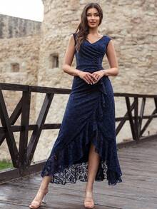 MIUSOL Full Floral Lace Ruffle Trim Wrap Hem Formal Party Dress, Semi Formal Dress - Navy Blue - View 5