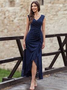 MIUSOL Full Floral Lace Ruffle Trim Wrap Hem Formal Party Dress, Semi Formal Dress - Navy Blue - View 7