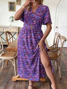 SHEIN Franclia Hơn In Toàn bộ áo tay bướm Tách đùi Đầm Không có thắt lưng - Màu tím - Xem 1