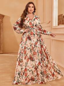 Plus Floral Print Belted Dress - Apricot - View 1