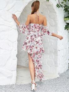 Floral Print Cold Shoulder Asymmetrical Hem Dress - Multicolor - View 2