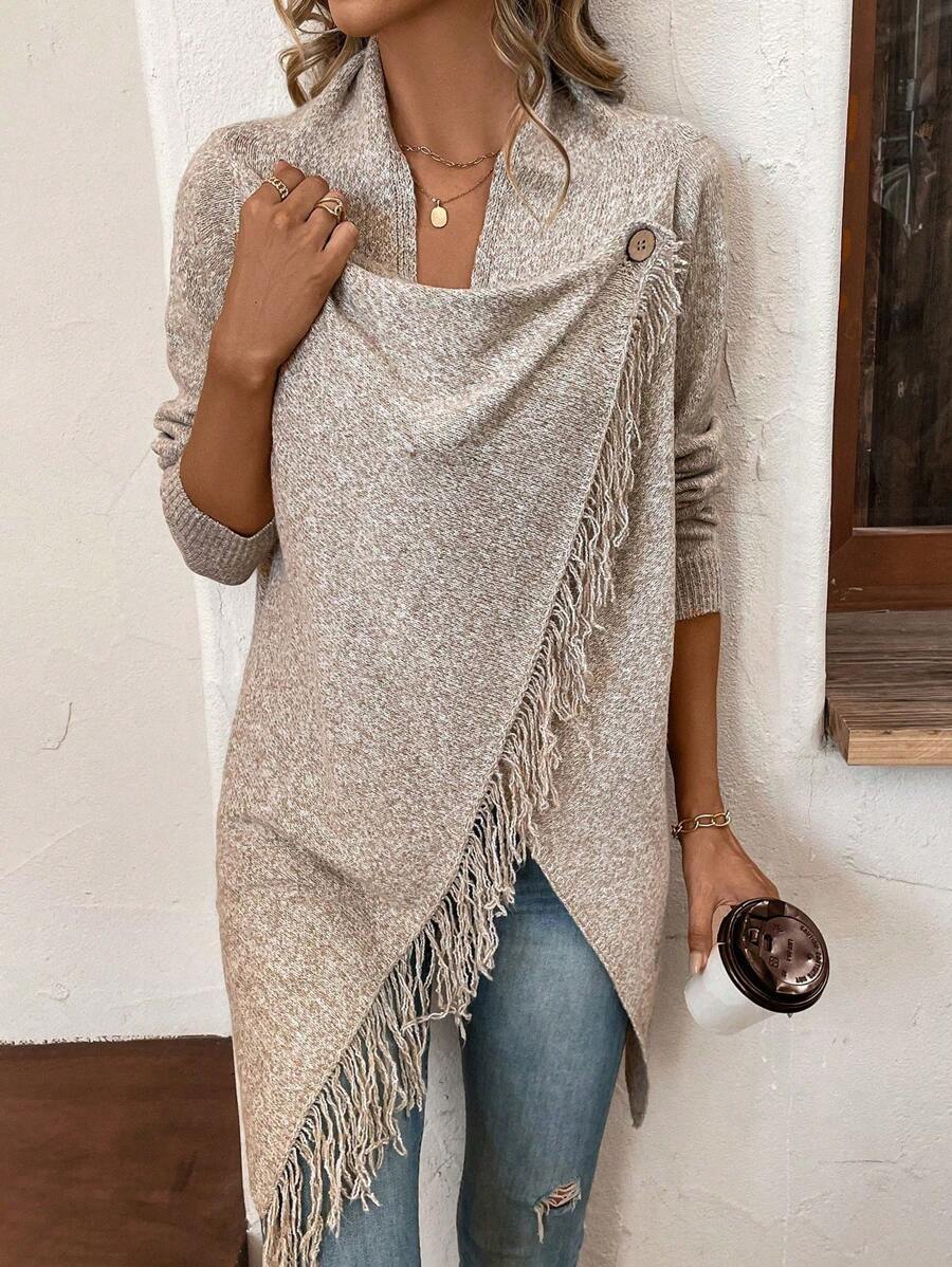 SHEIN LUNE Space Dye Fringe Trim Button Detail Wrap Hem Cowl Neck Cardigan Fall Winter Cloth For Women - Khaki - View 1