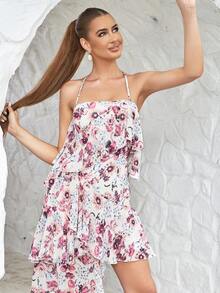 Floral Print Cold Shoulder Asymmetrical Hem Dress - Multicolor - View 3