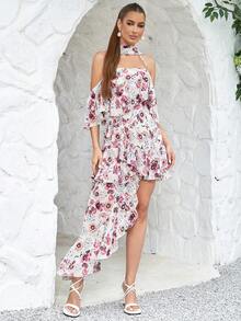 Floral Print Cold Shoulder Asymmetrical Hem Dress - Multicolor - View 4