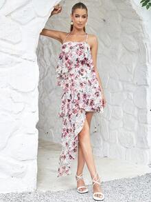 Floral Print Cold Shoulder Asymmetrical Hem Dress - Multicolor - View 5