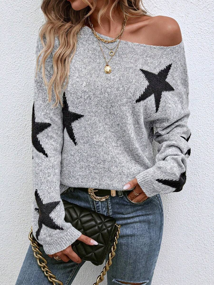 EMERY ROSE Star Pattern Drop Shoulder Sweater,Long Sleeve Tops Knit Pullover Fall Winter Outfit - Grey - View 1