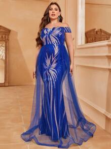 大碼晚宴禮服裙（重工款） - 寶藍色 - 查看 1